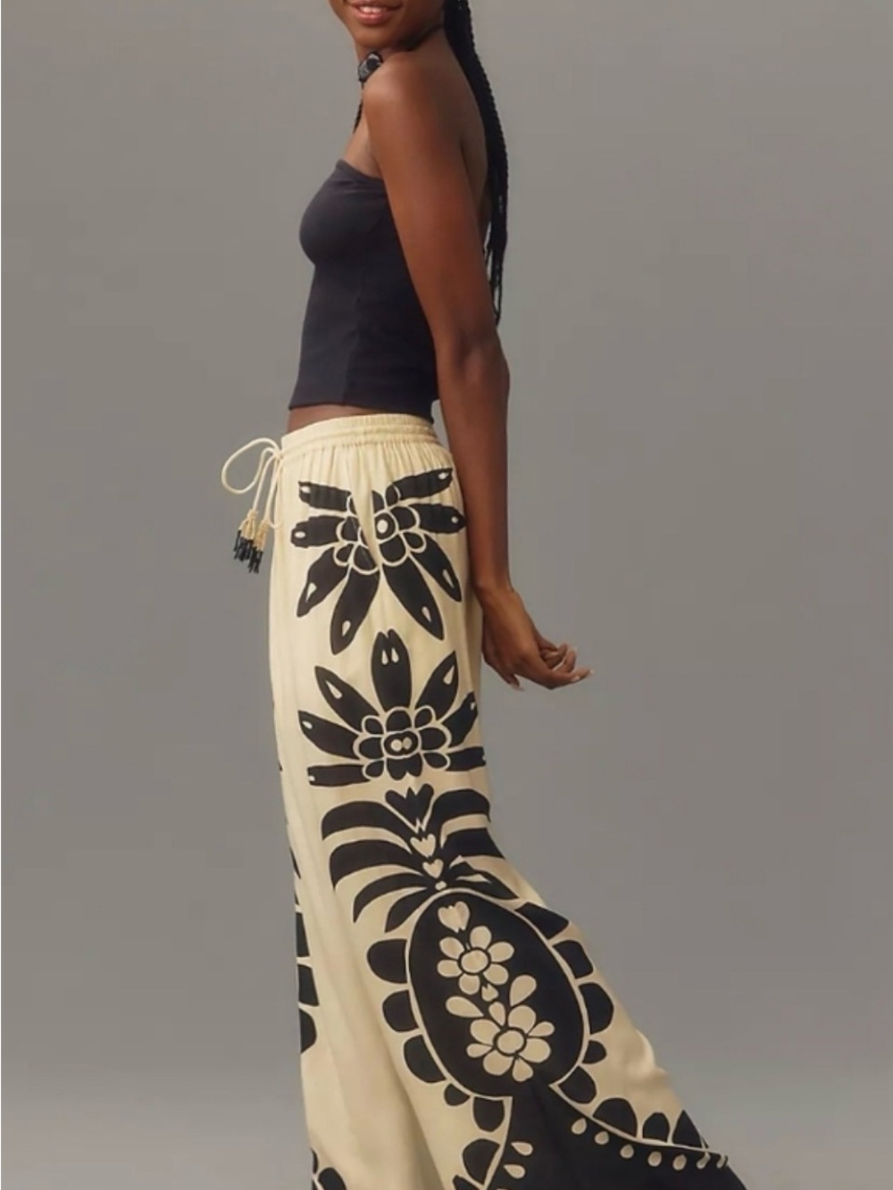 FARM Rio Cream Wide-Leg Pants with Black Floral Trim - Picture 4 of 6